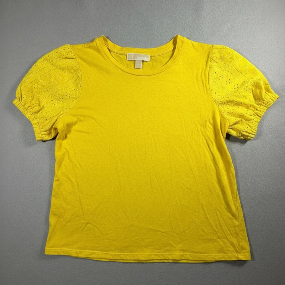 Michael Michael Kors Women’s XL Short Sleeve Top Yellow Eyelet Puff Sleeve